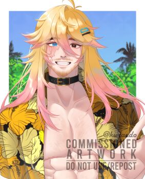 Rule 34 | 1boy, abs, absurdres, beard, black choker, blonde hair, blue eyes, brown eyes, chest hair, choker, collarbone, commentary, double-parted bangs, english commentary, facial hair, gradient hair, hair between eyes, hair ornament, hairclip, hand up, heterochromia, highres, kuraedo, long hair, looking at viewer, male focus, multicolored hair, muscular, muscular male, mustache, open clothes, open shirt, original, pectorals, shirt, smile, solo, upper body, yellow shirt