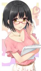 Rule 34 | 1girl, adjusting eyewear, belt, bespectacled, black hair, blush, breasts, brown belt, cleavage, collarbone, commentary request, glasses, gradient background, hands up, heart, highres, holding, holding paper, idolmaster, idolmaster cinderella girls, idolmaster cinderella girls starlight stage, jewelry, large breasts, looking at viewer, necklace, paper, parted lips, pink-framed eyewear, pink shirt, sheet music, shirt, short hair, short sleeves, skirt, smile, solo, takafuji kako, two-tone background, upper body, urabi (tomatohouse), white skirt, yellow eyes