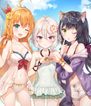 Rule 34 | 3girls, ;d, absurdres, ahoge, akanbe, animal ear fluff, animal ears, antenna hair, armlet, bare arms, bare shoulders, bikini, black bikini, black hair, blue eyes, blue sky, bow, braid, breasts, cat ears, cleavage, cloud, collarbone, cowboy shot, day, eyelid pull, eyewear on head, flower, green eyes, hair bow, hair flower, hair ornament, hairband, halterneck, heart, heart hands, highres, jacket, jewelry, karyl (princess connect!), karyl (summer) (princess connect!), kokkoro (princess connect!), kokkoro (summer) (princess connect!), large breasts, long hair, long sleeves, looking at viewer, low twintails, multicolored hair, multiple girls, navel, off shoulder, one-piece swimsuit, one eye closed, open clothes, open fly, open jacket, open mouth, orange hair, outdoors, pecorine (princess connect!), pecorine (summer) (princess connect!), pink eyes, pink flower, pointy ears, princess connect!, purple jacket, red ribbon, ribbon, rose, short shorts, shorts, side-by-side, side-tie bikini bottom, silver hair, single braid, sky, smile, standing, stomach, streaked hair, sunglasses, swimsuit, tokkyu, tongue, tongue out, twintails