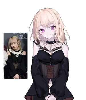 1girl bang_dream! bang_dream!_it&#039;s_mygo!!!!! black_dress blonde_hair brown_corset chinese_commentary closed_mouth clothing_cutout commentary_request corset doloris_(bang_dream!) dress highres long_sleeves medium_hair misumi_uika momoimonaka photo-referenced purple_eyes reference_inset sasaki_rico_(voice_actor) shoulder_cutout simple_background voice_actor_connection white_background
