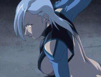 1girl 2007 american animated animated_gif ass bare_back bible_black bible_black_new_testament black_suit blue_hair breasts crowley&#039;s_guards energy formal_clothes glowing jody&#039;s_guards large_breasts lipstick long_hair makeup midriff night no_bra revealing_clothes shin_bible_black suit tagme