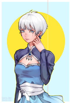 Rule 34 | 1girl, alternate hair length, alternate hairstyle, blue dress, blue eyes, border, breasts, cleavage, closed mouth, commentary, dress, earrings, english commentary, highres, jewelry, lips, long sleeves, outline, pastel-lulu, rwby, scar, scar across eye, scar on face, short hair, solo, tumblr username, upper body, very short hair, watermark, web address, weiss schnee, white border, white hair, yellow outline