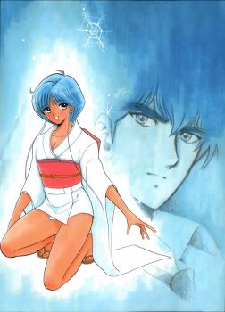 1boy 1girl blue_background blue_eyes blue_hair breasts cleavage closed_mouth commentary_request hair_between_eyes japanese_clothes jigoku_sensei_nube kimono nueno_meisuke obi official_art okano_takeshi open_mouth pink_sash projected_inset sandals sash short_hair short_hair_with_long_locks short_kimono smile snowflakes sparkle squatting thighs traditional_media white_kimono wide_sleeves yukime_(jigoku_sensei_nube)