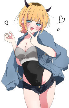 1girl :3 absurdres black_shorts blonde_hair blue_eyes blue_jacket blush breasts cleavage commentary covered_navel fang heart highres horns jacket jacket_on_shoulders leotard leotard_under_clothes medium_breasts memcho multicolored_hair open_mouth oshi_no_ko roots_(hair) short_hair shorts simple_background solo uriumi_sub v v_over_mouth white_background