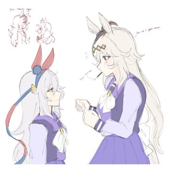2girls ahoge animal_ears blue_eyes blue_hairband blush bow bowtie chocolate closed_mouth ear_covers ear_ornament english_text eye_contact food food_in_mouth grey_hair grey_tail hair_between_eyes hair_ornament hairband headband highres holding holding_food holding_pocky horse_ears horse_girl horse_tail koppiaa long_hair long_sleeves looking_at_another mouth_hold multicolored_hair multiple_girls oguri_cap_(umamusume) pocky pocky_day pocky_in_mouth purple_sailor_collar purple_serafuku purple_shirt purple_skirt red_headband sailor_collar sailor_shirt school_uniform serafuku shirt skirt striped_clothes striped_hairband tail tamamo_cross_(umamusume) tracen_school_uniform umamusume very_long_hair white_bow white_bowtie yuri