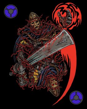 1boy armor bell_bearing_hunter_(elden_ring) black_background black_cape cape card_(medium) chainmail commentary elden_ring elden_ring_nightreign elemer_of_the_briar english_commentary executioner's_sword full_armor gloves glowing glowing_weapon hand_up highres holding holding_sword holding_weapon mask multiple_views runes sharp_sticks sword telekinesis thorns upper_body user_interface weapon