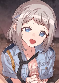 1boy 1girl :d blue_shirt breasts censored cleavage collarbone commentary_request erere gakuen_idolmaster grey_hair handjob hetero idolmaster katsuragi_lilja medium_breasts mosaic_censoring motion_lines open_mouth penis police police_uniform policewoman shirt short_hair short_sleeves smile solo_focus
