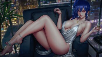1girl arm_up ass azur_lane bare_shoulders blue_hair blue_nails blurry breasts chair champagne_flute cleavage clothes_between_thighs cup depth_of_field dress drinking_glass earrings grey_sandals hair_between_eyes hair_ornament hairclip halter_dress halterneck indoors jewelry large_breasts legs looking_at_viewer nail_polish necklace pelvic_curtain pink_eyes plant plunging_neckline revealing_clothes sandals sciamano240 side_ponytail sidelocks silver_dress sitting smile solo st._louis_(azur_lane) st._louis_(luxurious_wheels)_(azur_lane) thighs toenail_polish toenails