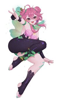 1girl absurdres ahoge bad_link bodysuit breasts cleavage colored_sclera colored_skin fairy fairy_wings feet flower flower_ring froggyloch froggyloch_(vtuber) hair_bun highres indie_virtual_youtuber jewelry leaf legs open_mouth paintbrush_hair_ornament pink_hair pink_skin pointy_ears red_eyes sidelocks smile snail_shell sparkle thighs toe_ring toes v virtual_youtuber wings yellow_sclera