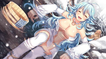 1girl ^_^ ahoge animal_ears animal_feet anklet artist_request blue_hair blush breasts bucket closed_eyes earrings fang fingernails game_cg hair_between_eyes jewelry large_breasts large_hands long_hair miti_(monster_musume) monkey monster_musume_no_iru_nichijou monster_musume_no_iru_nichijou_online naked_towel navel necklace official_art onsen open_mouth outdoors partially_submerged snow solo towel very_long_hair wooden_bucket