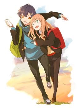 Rule 34 | 1boy, 1girl, asanaka yomogi, backpack, bag, cellphone, flirting, green eyes, gridman universe, highres, long hair, loup, minami yume, orange eyes, phone, short hair, skirt, ssss.dynazenon