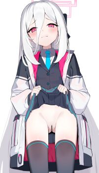1girl absurdres bar_censor black_skirt black_thighhighs blue_archive blue_necktie censored closed_mouth clothes_lift cowboy_shot diu1 halo highres jacket kei_(blue_archive) lifting_own_clothes loli long_hair looking_at_viewer necktie open_clothes open_jacket pink_halo red_eyes simple_background skirt skirt_lift solo thighhighs very_long_hair white_background white_hair white_jacket