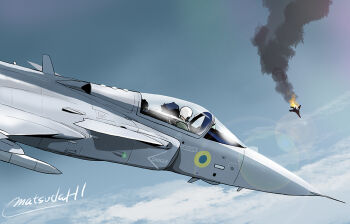 aircraft airplane artist_name burning fighter_jet fire flying helmet matsuda_juukou military military_vehicle missile original pilot pilot_helmet saab_gripen sky smoke smoke_trail sun_glare