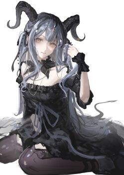 1girl arknights bang_dream! bang_dream!_it&#039;s_mygo!!!!! black_dress black_horns black_ribbon blue_hair breasts curled_horns demon_tail detached_collar dress hair_lift hair_ribbon hand_up highres holding holding_own_hair horns kotowaza long_hair looking_at_viewer medium_breasts parted_lips ribbon sidelocks simple_background sitting solo tail thighhighs togawa_sakiko togawa_sakiko_(master_of_melodia) two_side_up wariza white_background wrist_cuffs yellow_eyes