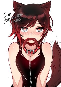 1girl animal_ears bad_id bad_twitter_id blush collar derivative_work english_text fang female_focus fox_ears fox_tail heart heart-shaped_pupils highres leash looking_at_viewer mouth_hold ndgd ruby_rose rwby skin_fang solo symbol-shaped_pupils tail viewer_holding_leash