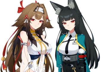 Rule 34 | 2girls, animal ear fluff, black hair, black streaks, breasts, bright pupils, brown hair, china dress, chinese clothes, clover hair ornament, commentary, dress, droopy ears, english commentary, eyeliner, fox girl, hair ornament, headband, high-waist skirt, hoshimi miyabi, light smile, long hair, makeup, medium breasts, multiple girls, necktie, red eyeliner, red eyes, red pupils, ribbon, shirt, skirt, sleeveless, very long hair, white background, white pupils, white shirt, xsan vanny, ye shunguang, zenless zone zero