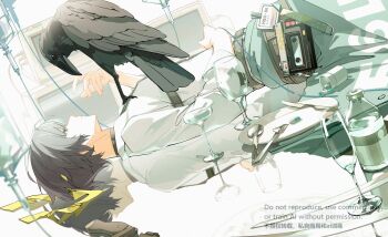 1boy asaba_harumasa bingzhen_h2o bird black_hair black_necktie cassette_player champagne_coupe champagne_flute closed_mouth clothes_around_waist commentary_request crow cup drinking_glass fork glass_bottle hand_on_own_stomach hand_up headband highres id_card indoors intravenous_drip iv_stand kitchen_knife knife looking_at_animal lying male_focus necktie on_back pill pill_bottle plate reflection screen shirt short_hair solo spoon white_shirt wine_glass yellow_eyes yellow_headband zenless_zone_zero