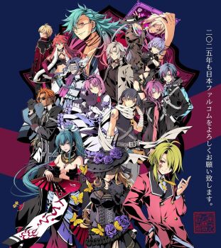 6+boys 6+girls :p animal arm_tattoo arm_up bandaged_arm bandages belt black_coat black_gloves black_hat black_hoodie black_ribbon black_shirt bleublanc blue_background blue_hair breasts brother_and_sister brown_coat bug butterfly campanella_(eiyuu_densetsu) cedric_reise_arnor coat collar commentary dress eiyuu_densetsu english_commentary falcom flower folding_fan formal_clothes frilled_dress frills gloves gradient_hair green_hair grey_coat grey_hair hair_between_eyes hair_ornament hair_over_one_eye hair_ribbon hand_fan hand_in_pocket hat hat_flower high_ponytail holding holding_animal holding_fan holding_rabbit hood hoodie insect ixs_eldarion jorda_eldarion joshua_bright kai_no_kiseki kuro_no_kiseki kuro_no_kiseki_(series) kuro_no_kiseki_i kuro_no_kiseki_ii large_breasts leonhardt_(eiyuu_densetsu) long_hair looking_at_viewer luciola_(eiyuu_densetsu) lucrezia_isselee mask mcburn medium_hair multicolored_hair multiple_boys multiple_girls official_art open_clothes open_coat orange_hair parted_bangs pink_hair ponytail purple_eyes purple_flower purple_hair purple_rose rabbit red_collar red_eyes red_gloves red_hair red_suit renne_(eiyuu_densetsu) ribbon rose scarf screen sen_no_kiseki sen_no_kiseki_(series) sen_no_kiseki_ii sen_no_kiseki_iv sharon_kreuger shirley_orlando shirt short_hair siblings simeon_(eiyuu_densetsu) smile sora_no_kiseki streaked_hair suit sunglasses tattoo tongue tongue_out trait_connection translation_request two-tone_hair ulrica_(eiyuu_densetsu) walter_kron white_dress white_scarf x_hair_ornament yellow_butterfly yellow_eyes