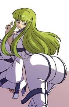 1girl ass ass_focus axel-rosered bodysuit c.c. code_geass expressionless from_behind green_hair highres huge_ass leaning leaning_forward long_hair looking_back skin_tight solo straitjacket tongue tongue_out very_long_hair yellow_eyes