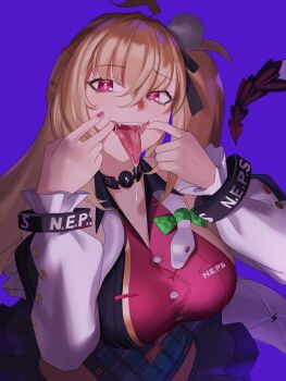 Rule 34 | 1girl, absurdres, aragiken, black choker, blonde hair, blue skirt, breasts, choker, cissia (zenless zone zero), commentary, fangs, finger in own mouth, highres, large breasts, long hair, open mouth, pink eyes, pink nails, pink shirt, purple background, saliva, shirt, simple background, skirt, snake, snake girl, snake tail, solo, tail, tongue, tongue out, very long hair, white tail, zenless zone zero