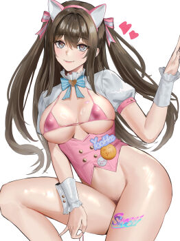 1girl absurdres animal_ears anoreika_tomoe badge bikini bottomless bow bowtie brown_hair button_badge cat_ears character_name corset fake_animal_ears female_pubic_hair girls&#039;_frontline girls&#039;_frontline_2:_exilium hair_bow highres k2_(girls&#039;_frontline) long_hair no_pants official_alternate_costume pink_bikini pink_corset pubic_hair shrug_(clothing) smile striped_bow striped_bowtie striped_clothes swimsuit two_side_up white_background white_shrug white_wrist_cuffs wrist_cuffs yoohee_(girls&#039;_frontline_2) yoohee_(miracle_sweetheart)_(girls&#039;_frontline_2)
