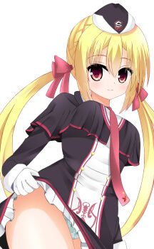 1girl aqua_panties arihara_nanami black_capelet black_dress black_hat blonde_hair bow breasts buttons capelet closed_mouth clothes_lift commentary_request cowboy_shot double-breasted dress dress_lift dutch_angle eyes_visible_through_hair floral_print floral_print_panties frilled_dress frills from_below garrison_cap gloves hair_between_eyes hair_bow hair_ribbon hat highres large_breasts lifting_own_clothes light_blush long_hair long_sleeves looking_at_viewer low_twintails merata_riji necktie panties partial_commentary print_panties red_bow red_eyes red_necktie red_ribbon ribbon riddle_joker short_dress sidelocks simple_background smile solo split_mouth twintails underwear very_long_hair white_background white_gloves