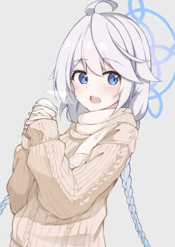 1girl absurdres ahoge alternate_costume blue_archive blue_eyes blue_halo braid brown_scarf brown_sweater cable_knit cafeoletmanju cup disposable_coffee_cup disposable_cup grey_background hair_ornament hairclip halo highres holding holding_cup kirino_(blue_archive) long_hair long_sleeves looking_at_viewer open_mouth ribbed_sweater scarf simple_background sleeves_past_wrists solo sweater teeth twin_braids twintails upper_body upper_teeth_only white_hair