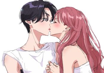 2girls aoi-kun_ga_ikemen_sugite_tsurai aoi_(aoi-kun_ga_ikemen_sugite_tsurai) commentary_request kiss long_hair miri_(aoi-kun_ga_ikemen_sugite_tsurai) multiple_girls pink_hair purple_hair short_hair simple_background tank_top white_background white_tank_top yanqi_momota yuri