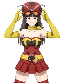 1girl :| adjusting_clothes adjusting_headwear anime_coloring bare_shoulders belt breasts brown_eyes brown_hair bug cleavage closed_mouth collarbone commentary cosplay cowboy_shot elbow_gloves electro_wave_human_tackle electro_wave_human_tackle_(cosplay) expressionless girls_und_panzer gloves goggles goggles_on_head helmet highres insect kamen_rider kamen_rider_stronger_(series) ladybug legs_apart long_hair looking_at_viewer mature_female medium_breasts miniskirt nishizumi_shiho okada_yuriko okada_yuriko_(cosplay) omachi_(slabco) pleated_skirt polka_dot_headwear red_helmet red_shirt red_skirt red_thighhighs scarf shirt simple_background skirt solo standing strapless superhero_costume thighhighs toujima_tanzaburou_wa_kamen_rider_ni_naritai tube_top white_background yellow_background yellow_belt yellow_gloves yellow_scarf
