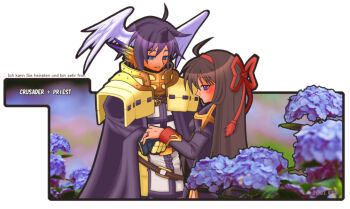 1boy 1girl 2000s_(style) 2009 ahoge armor blue_eyes blue_flower blush brown_hair cape character_name commentary_request cross cross_print crusader_(ragnarok_online) dress feathered_wings flower gauntlets german_text grey_wings hair_ribbon hairband head_wings holding_hands hydrangea juliet_sleeves long_hair long_sleeves looking_at_another orange_wings pauldrons priest_(ragnarok_online) puffy_sleeves purple_cape purple_dress purple_hair ragnarok_online red_hairband red_ribbon ribbon ryuu_(5lden_age) short_hair shoulder_armor tabard upper_body white_background white_tabard wings