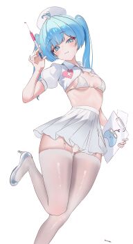 1girl :3 absurdres ahoge arahashi_tabi artist_name bikini blue_eyes blue_hair blush breasts clipboard commentary dated_commentary full_body garter_straps hat heart high_heels highres holding holding_clipboard holding_syringe konoha12562 looking_at_viewer magnet medium_hair name_tag nurse_cap panties panty_peek pleated_skirt pungdangi_(arahashi_tabi) shoes shrug_(clothing) simple_background skirt small_breasts solo standing standing_on_one_leg stellive string_bikini swimsuit syringe thighhighs twintails twitter_username underwear virtual_youtuber white_background white_bikini white_hat white_shoes white_shrug white_skirt white_thighhighs zettai_ryouiki