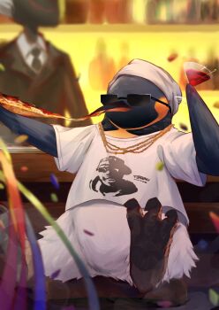 animal animal_focus arknights bird blurry blurry_background cheese cheese_trail clothed_animal commentary_request emperor_(arknights) food highres penguin pizza sasa_kurumi sunglasses tupac_shakur yith_(arknights)