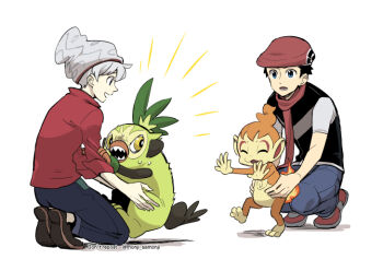 2boys :3 ^_^ alternate_hair_color beanie black_hair black_shirt blue_eyes blue_pants chimchar closed_eyes denim eyeshadow fiery_tail fire gen_4_pokemon gen_8_pokemon green_fur hat holding holding_pokemon jeans leaf long_sleeves lucas_(pokemon) makeup male_focus monji_samonji monkey multiple_boys nintendo notice_lines open_hand open_mouth orange_fur outstretched_arms outstretched_hand pants pokemon pokemon_(creature) pokemon_dppt pokemon_swsh red_eyeshadow red_footwear red_shirt scarf sharp_teeth shirt short_hair short_sleeves sleeves_rolled_up smile squatting sweat sweatdrop tail teeth thwackey victor_(pokemon) white_hair white_sleeves