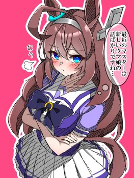1girl ahoge animal_ears blue_eyes blush bow bowtie breasts brown_hair closed_mouth collarbone commentary_request crossed_arms grey_hairband hair_between_eyes hairband highres horse_ears horse_girl horse_tail large_breasts long_hair looking_at_viewer mihono_bourbon_(umamusume) pleated_skirt pout puffy_short_sleeves puffy_sleeves purple_bow purple_bowtie purple_shirt sailor_collar sailor_shirt school_uniform shikimiya_life shirt short_sleeves silver_hairband skirt solo speech_bubble tail tracen_school_uniform translation_request umamusume white_sailor_collar white_skirt