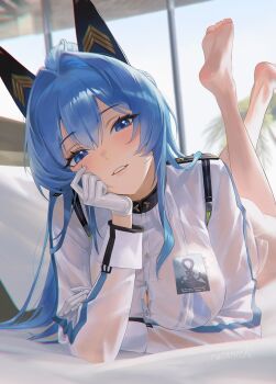 1girl barefoot bikini bikini_under_clothes blue_bikini blue_eyes blue_hair blush breasts button_gap commentary gloves goddess_of_victory:_nikke hair_between_eyes hair_intakes head_rest helm_(nikke) highres indoors large_breasts legs long_hair long_sleeves looking_at_viewer lying on_stomach rucarachi see-through_clothes see-through_shirt shirt solo swimsuit thighs toes white_gloves white_shirt