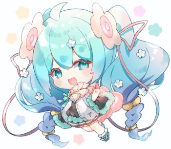 1girl :d ahoge aqua_eyes aqua_hair blue_hair blush braid chibi chibi_only commentary_request dress flower full_body hair_between_eyes hatsune_miku long_hair looking_at_viewer magical_mirai_(vocaloid) magical_mirai_miku magical_mirai_miku_(2021) open_mouth shoes smile solo tongue twintails very_long_hair vocaloid white_background white_dress yuni_(irohasuiroiro)