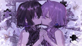 Rule 34 | 2girls, bandage over one eye, bare shoulders, beads, black hair, black shirt, blue hair, checkered background, closed eyes, collared shirt, colored inner hair, commentary, flower, frilled shirt collar, frills, from side, hair beads, hair intakes, hair ornament, hands up, highres, holding hands, indie virtual youtuber, kurehalxxx, long hair, multicolored hair, multiple girls, parted lips, pink hair, pink shirt, purple hair, puzzle, puzzle piece, shirt, symbol-only commentary, teeth, upper body, virtual youtuber