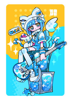 1girl animal_ears animal_hat blue_hair blue_shoes blue_theme bracelet cat cat_ears cat_girl cat_tail commentary_request electric_guitar fish_tank guitar hat highres holding holding_guitar holding_instrument instrument jewelry keijou_(cave) looking_at_viewer original shoes short_sleeves sitting speech_bubble tail thighhighs white_thighhighs wristband