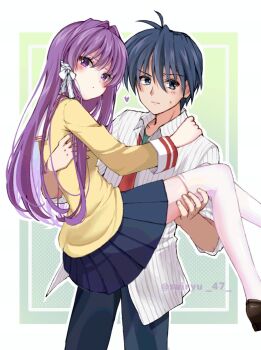 Rule 34 | 1boy, 1girl, averting eyes, blue eyes, blue hair, blue pants, blue skirt, blush, carrying, clannad, collared shirt, couple, fujibayashi kyou, hair between eyes, hair intakes, hair ribbon, heart, hetero, highres, hikarizaka private high school uniform, jacket, long hair, necktie, okazaki tomoya, pants, pleated skirt, princess carry, purple eyes, purple hair, red necktie, ribbon, sailor collar, school uniform, shirt, short hair, skirt, striped clothes, striped shirt, suiryuu (suiryu 47), sweatdrop, thighhighs, twitter username, untucked shirt, white ribbon, white sailor collar, white shirt, white thighhighs, yellow jacket