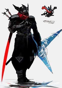 absurdres alternate_color armor dated gen_6_pokemon greninja highres holding holding_shuriken holding_weapon huge_weapon nintendo personification pokemon pokemon_(creature) reference_inset reflection scarf shiny_pokemon shuriken signature sukepmonster weapon white_background