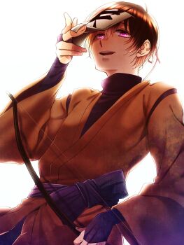 1boy backlighting black_bridal_gauntlets bow_(weapon) bridal_gauntlets brown_hair commentary_request hachiya_nanao highres holding holding_bow_(weapon) holding_weapon japanese_clothes kariginu male_focus ofuda ofuda_on_head open_mouth original purple_eyes smile solo turtleneck upper_body weapon