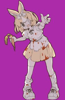 1girl @_@ adapted_costume animal_ears blood blood_on_clothes blood_on_face blood_splatter bow brown_hair brown_skirt carrot domestic_rabbit_(kemono_friends) drooling hair_between_eyes hair_bow halloween halloween_costume highres kemono_friends looking_at_viewer loose_socks multicolored_hair nenkou-san open_mouth partially_shaded_face pleated_skirt puffy_short_sleeves puffy_sleeves purple_background rabbit_ears rabbit_girl rabbit_tail reaching reaching_towards_viewer shirt shoes short_sleeves sidelocks skirt socks solo stitched_arm stitched_face stitched_leg stitches tail two-tone_hair white_bow white_hair white_shirt white_shoes white_socks zombie_costume
