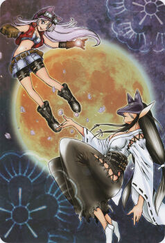 2girls absurdres animal_hat bandai boots breasts cleavage closed_mouth curvy digimon female_focus floating floating_hair flower_print fox_mask full_body full_moon goggles hat highres japanese_clothes kimono kuzuhamon kuzuhamon_miko_mode large_breasts lips long_hair looking_at_another mask medium_breasts moon multiple_girls nail_polish official_art sayo_(digimon) scan simple_background smile watanabe_kenji wide_hips