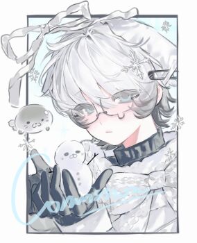 Rule 34 | 1boy, animal, beret, blue eyes, blunt bangs, border, bow, closed mouth, commission, eyelashes, glasses, gloves, gradient hair, hair ornament, hat, male focus, mihuashi commission, multicolored hair, open hands, original, scarf, seal (animal), short hair, snowflake hair ornament, snowflakes, upper body, white border, white bow, white hat, white scarf, yingzi bing