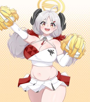 1girl absurdres ahoge black_horns blue_archive breasts brown_eyes cheerleader commentary_request curled_horns demon_horns elbow_gloves gehenna_academy_logo gloves grey_hair hair_ornament hairclip halo highres holding holding_pom_poms horns huge_breasts izumi_(blue_archive) korean_commentary low_twintails millennium_cheerleader_outfit_(blue_archive) miniskirt navel open_mouth panties pleated_skirt plump pom_pom_(cheerleading) pom_poms red_skirt red_sports_bra round_teeth rude_(pfhc4237) skirt solo sports_bra teeth twintails two-tone_skirt two-tone_sports_bra underwear upper_teeth_only white_gloves white_panties white_skirt white_sports_bra yellow_halo