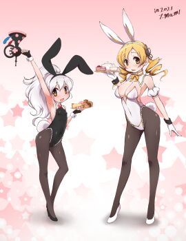 animal_ear_hairband animal_ears armpits black_leotard blonde_hair blush bow bowtie breasts bubble_gun bunny_day cake cleavage covered_navel cup detached_collar detached_sleeves drill_hair fake_animal_ears fake_tail flat_chest food gloves hair_ornament hairband high_ponytail highleg highleg_leotard highres holding holding_tray leotard long_hair looking_at_viewer mahou_shoujo_madoka_magica mahou_shoujo_madoka_magica:_hangyaku_no_monogatari momoe_nagisa multiple_girls open_mouth pantyhose playboy_bunny ponytail rabbit_ear_hairband rabbit_ears rabbit_tail ribbon saucer smile strapless strapless_leotard tail tea tea_set teacup teapot tomoe_mami tray twin_drills twintails white_hair white_wrist_cuffs wrist_cuffs yanmaami yellow_eyes