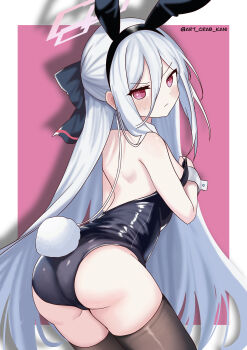 1girl absurdly_long_hair absurdres animal_ear_hairband animal_ears art_crab ass black_leotard black_thighhighs blue_archive breasts detached_collar embarrassed fake_animal_ears from_behind hair_between_eyes hairband half_updo halo highres kei_(blue_archive) kei_(new_body)_(blue_archive) leotard loli long_hair long_hair_between_eyes looking_at_viewer pink_background pink_halo playboy_bunny rabbit_ears rabbit_tail rectangular_halo red_eyes ringed_eyes small_breasts solo strapless strapless_leotard tail thighhighs twitter_username two-tone_background very_long_hair white_hair wrist_cuffs