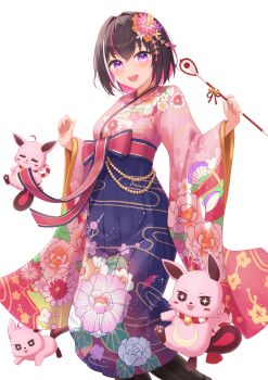 1girl :d absurdres arrow_(projectile) azki_(hololive) azki_(new_year)_(hololive) blue_hakama blue_skirt blush bob_cut boots brown_hair colored_inner_hair commentary_request double-parted_bangs feet_out_of_frame floral_print floral_print_kimono floral_print_skirt flower furisode_sleeves hair_flower hair_intakes hair_ornament hakama hakama_skirt hamaya highres holding holding_arrow hololive japanese_clothes jumping kanzashi kimono knee_boots long_skirt looking_at_viewer mole mole_under_eye multicolored_hair no_headwear no_scarf official_alternate_costume official_alternate_hairstyle open_mouth pink_hair pink_kimono pioneer_(azki) print_kimono print_skirt purple_eyes short_hair simple_background skirt smile solo starry_sky_print streaked_hair transparent_background typho virtual_youtuber w_arms white_hair wide_sleeves