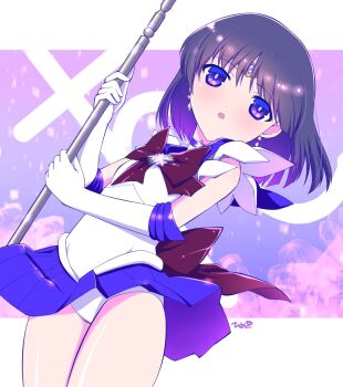 1girl bishoujo_senshi_sailor_moon black_hair choker elbow_gloves gloves highres himehachi_(hime8manga) leotard magical_girl miniskirt polearm purple_eyes purple_skirt sailor_saturn sailor_senshi_uniform saturn_symbol short_hair silence_glaive skirt solo thighs tiara tomoe_hotaru weapon white_gloves white_leotard wind wind_lift