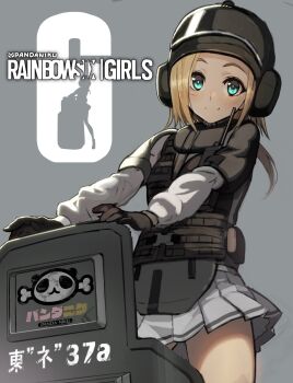 1girl artist_name ballistic_face_shield ballistic_helmet ballistic_shield blitz_(rainbow_six_siege) blonde_hair bulletproof_vest cowboy_shot dazzler_(weapon) electroshock_weapon female_focus flash_shield g52-tactical_shield genderswap genderswap_(mtf) gloves green_eyes grey_background helmet highres less-than-lethal_weapon long_hair long_sleeves looking_at_viewer namaniku_atk pleated_skirt rainbow_six rainbow_six_siege riot_shield shield skirt smile solo stun_shield visor visor_(armor) walkie-talkie white_skirt